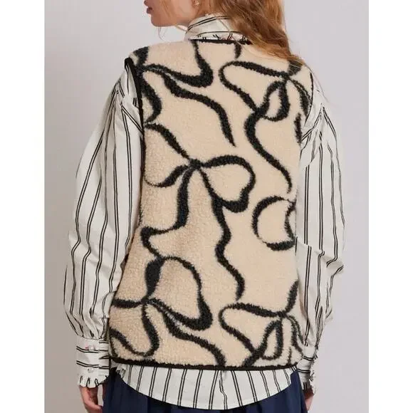 DAMSON MADDER X FREE PEOPLE BLACK IVORY BOWS MARTA BORG GILET VEST JACKET SZ 8 - Picture 6 of 11